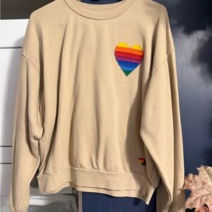 Aviator Nation Tan Crewneck Sweater with Rainbow Accent